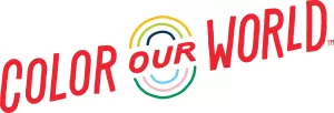 The summer reading logo color our world in red font with rainbows around our
